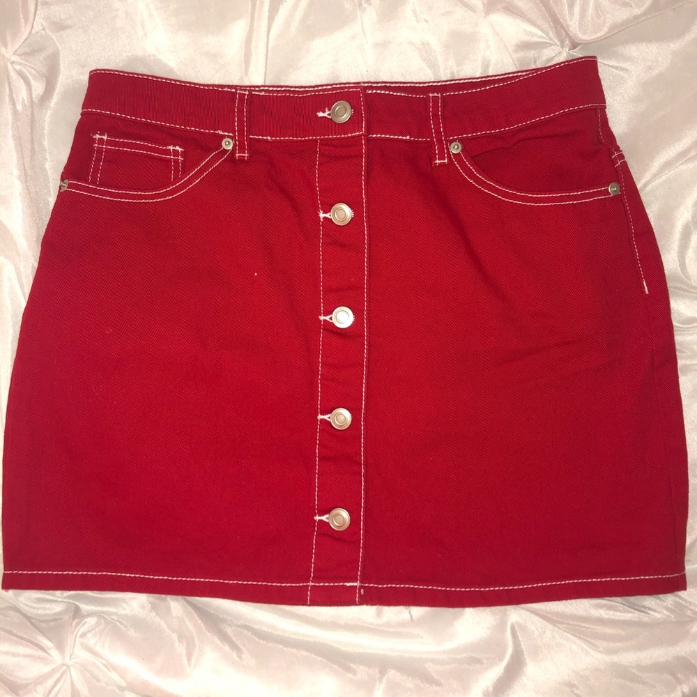 Red Jean Button Down Mini Skirt